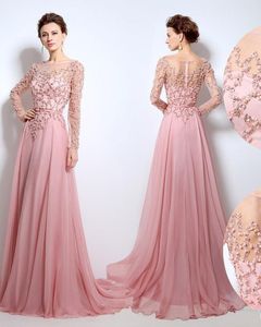 Custom Made Pink Bridal Evening Dresses Illusion Jewel Neck Pearls Sash A-Line Floor Length Tulle qatar 2024 Celebrity Party Prom Dresses HY781