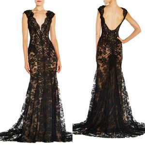 Monique Lhuillier 2019 Mother of the Bride Dresses Black Lace V Neck Illusion Mermaid Evening Gowns Sexy Backless Mother's Formal Dress