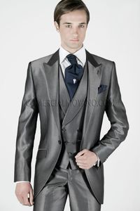 Mode Grå Satin Groom Tuxedos Slim Fit Groomsmen Mens Bröllopsklänning Stilig Man Jacka Blazer 3 Piece Suit (Jacka + Byxor + Vest + Tie) 917