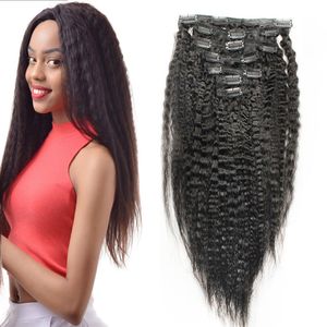 Grov Yaki Brasilian Remy Kinky Straight Hair Clip In Human Hair Extensions Naturfärg 10 stycken / Set Full Head Sets 120g