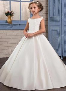 Biały Satin Flower Girl Sukienki na wesela A-Line Święta Pierwsza Komunia Sukienki Princess Pagewne sukienki