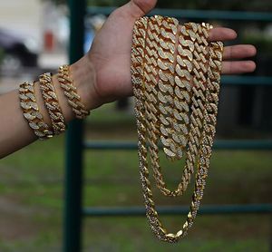 15mm 18K Gold Iced Out Miami Cuban Chain + Bracciale Combo Bling Hip Hop Set di gioielli Trendy Rapper Cantante Accessori moda Whosales