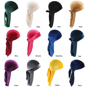 Unisex Mężczyźni Kobiety Oddychający Bandana Hat Velvet Durag Do Doo Du Rag Długi Ogon Headwrap Chemo Cap Solid Color Headwear