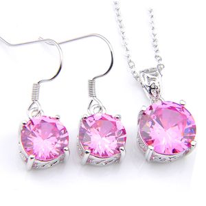 LuckyShine 5 Sets 925 Silver Ncecklace Round Pink Kunzite Earrings and Pendants Wedding Jewelry For Woman's Free Shipping