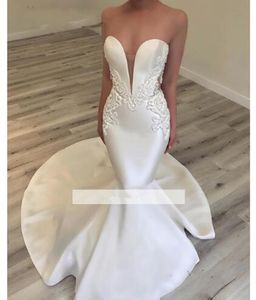V neck Elegant Satin Mermaid Wedding Dresses backless with button 2019 Vestido De Noiva Trouwjurk Trumpet Wedding Bride Dress Wedding Gowns