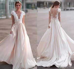 2020 A Line Wedding Gowns Sashes Short Sleeve Button Plus Size Wedding Dresses Sweep Train Tulle Lace Satin Applique Bridal Gowns