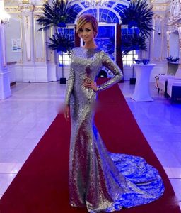 Silver Sequined Mermaid Evening Dresses Long Sleeve Sweep Train Sequined Arabic Formal Prom Party Gowns robes de soirée Special Occasion Dre