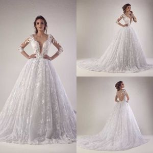Tony Chaaya 2020 Wedding Dresses Sheer Deep V Neck Lace Appliqued Bridal Wedding Gowns Long Sleeve robe de mariée