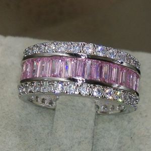 Hurtownia-wick Luksusowa biżuteria Pełna księżniczka Cut Pink Sapphire 925 Sterling Silver Symulowany Diamentowe Gemstones Wedding Band Ring Rozmiar 5-11