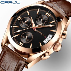 Crrju Mens Chronograp Sport Watches Luxury Quartz Gold Watch Мужчины повседневные кожаные бизнес Водонепроницаемые наручные часы Relogio Masculino