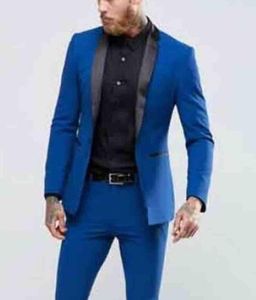 Fashion Royal Blue Groom Tuxedos Utmärkt Sjal Lapel Slim Fit Groomsmen Blazer Men Formell Suit Party Prom Suit (Jacka + Byxor + Tie) 1280