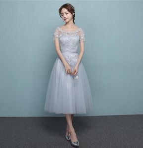 Silver Tea-length Bridesmaid Dresses Scoop Short Sleeves Empire Waist Maid of Honor With Applique Honor Bridal Gowns
