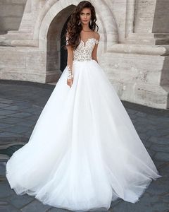 Abiti da sposa moderni senza schienale di nuova progettazione Girocollo trasparente Maniche lunghe Illusione Applicazioni di pizzo Abiti da sposa lunghi economici A-line HY4116