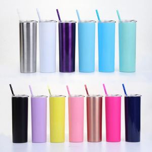 20oz Staight Cup 13 Colors Stainless Steel Skinny Tumbler Beer Coffee Mug with Drinking Straws Lid LJJO7223
