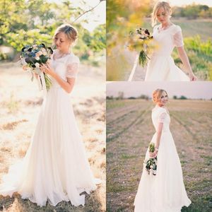 Chiffon Informal Modest Wedding Dresses V Neck Cheap Simple Country Short Sleeve Lace Bridal Gowns Vestidos De Novia estidos