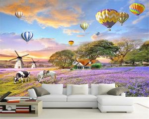 Home Decor 3D Wallpaper Landelijk Bloem Zee Heet Luchtballon Lavendel Woonkamer Slaapkamer Waterbestendig Wallpaper