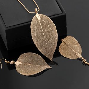 Fashion Gold Plated Women Metal Chain Sweater Real Leaf Pendant Necklace Earring Set