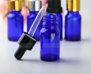 Blauwe glazen druppelaar flessen groothandel etherische olie cosmetica fles ml met zwart zilver goud deksel