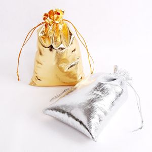 100PCS Gift Wrap Gold Silver Metallic Color Organza Bag Jewelry Packaging Bag Wedding Favor Pouches & Drawstring 7*9cm