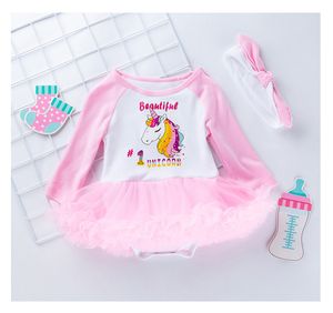 Baby Mädchen Einhorn Druck Prinzessin Tutu Röcke 0-24 Monate Neugeborene Designer Strampler Kleider Langarm Rosa Rock + Stirnband = 2 Teile/satz