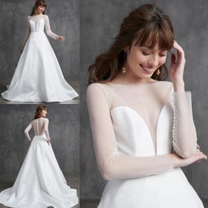 간단한 라인 비치 웨딩 드레스 보석 목 긴 소매 단추 새틴 웨딩 드레스 스윕 열차 Boho Bridal 가운