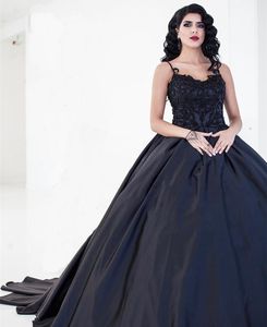 2019 Neue Ballkleid-Brautkleider im schwarzen Gothic-Stil mit Spaghettiträgern, perlenbesetztem Oberteil, Ballkleid-Satinrock, nicht weiße Brautkleider im Vintage-Stil