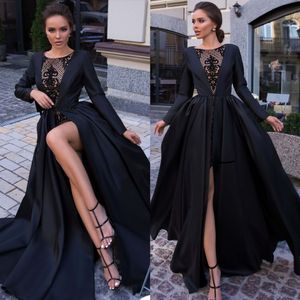 Ontwerper zwart kant prom jurken met jas bateau nek lange mouwen avondjurken vloer lengte plus size satijnen formele jurk