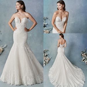 Mermaid Kenneth Winston Wedding Dresses Strapless Sleeveless Tulle Lace Applique Sequins Button Wedding Gown Sweep Train robe de mariée