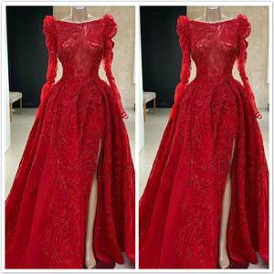 Tapete vermelho Beading Sereia Prom Vestidos Bateau Sheer manga comprida Appliques Vestido Festa Formal Wear Ogstuff vestes de soirée