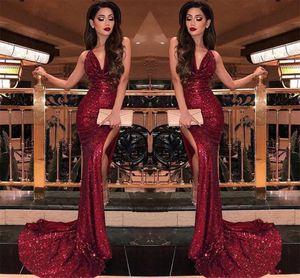 2019 Burgundy V Neck-paljetter Mermaid Prom Klänningar Sexiga High Slits Vestidos De Fiesta Sweep Train Formell Lång Kväll Party Prom Gowns PD89