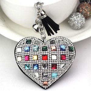 Fashion Keychain Heart Shape Female Full Glass Beads Key Covers Mosaic Leather Fringed Key Chain Car Key Ring Holder Cap Gift