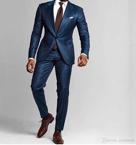 Dark Blue Mens Suits 2019 Slim Fit One Button Beach Groomsmen Bruiloft Tuxedos voor Mannen Pieken Passage Revers Formal Prom Pak (Jack + Pants + Tie)