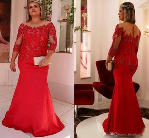 Elegancki Plus Size Czerwony Syrenki Suknie Wieczorowe 3/4 Rękawy Bateau Neck Lace Aplikacja Zroszona Specjalna okazja Dress Prom Dress Formalna sukienka