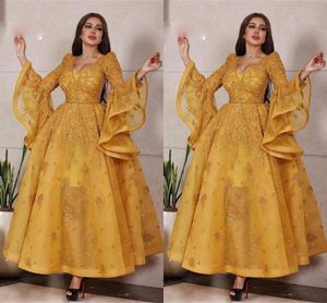 Dubai Arabic Cheap Gold A Line Evening Dresses With Poet Long Sleeve Lace Appliques V Neck Sequined Ankle Length Prom Dress Party Gowns