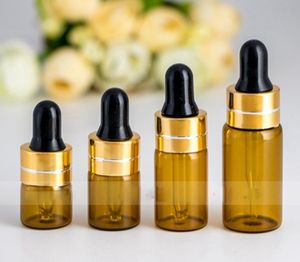 Şeffaf Amber Damlalık Şişeler 1ml 2ml 3ml 5ml 1200PCS Altın Cap Siyah Kauçuk Mini Cam Şişe Esansiyel Yağı Vial Küçük Parfüm Şişeleri