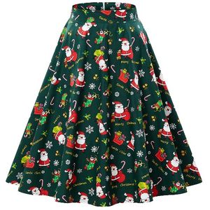 女性クリスマススカートサンタプリントエレガントフレアヴィンテージハイウエストティースカートアラインファッションエンパイアパーティーカートンニースカート