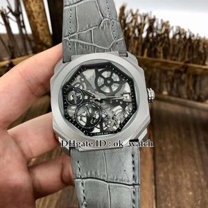New 41mm Automatic Mens Watch Titanium steel Case Octo Finissimo 102946 102469 Skeleton Dial Black Leather Strap Gents Sportwatches