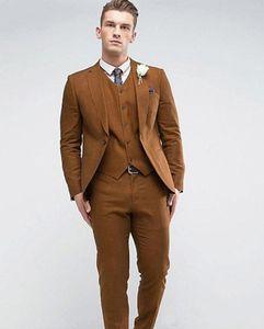 Brand New Brown Groom Tuxedos Notch Lapel Groomsmen Mens Bröllopsklänning Fashion Man Jacka Blazer 3 Piece Suit (Jacka + Byxor + Vest + Tie) 688