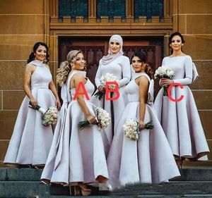 2022 Grey Unique Neckline Big Bow Bridesmaid Dresses Tea Length Satin Plus Size Party Prom Dress African Wedding Guest Dress Evening Formal