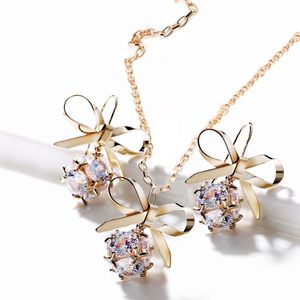 Fashion women elegant sweet Bow tie Necklace earrings with Cubic Zirconia fine Jewelry Set for romantic wedding Accessories