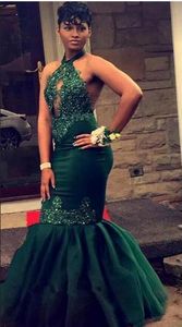 Halter Key Hole Dark Green Lace Mermaid Prom Dresses Tulle Lace Applique Beaded Backless Floor Length Formal Party Evening Gowns