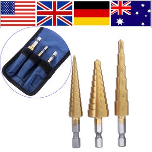 Freeshipping 3 Stücke broca escalonada para metall Schritt HSS Stahlkegel Titan Beschichtete Bohrer Werkzeug Set Loch Cutter kit de brocas Schritt Bohrer