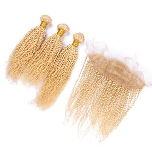 #613 blonde human hair and lace frontal 13*4 unprocessed hair afro kinky curly 3pcs hair bundles with ear to ear lace frontal closure