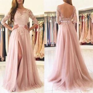 Blush Pink Sexy Front Split Bridesmaid Dresses Modest 2020 Ny Half Sleeves Lace Appliques Tulle Long Prom Dress 4632