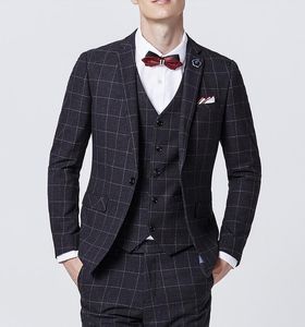 New Black Glen Plaid Bröllop Brudgum Tuxedos Back Vent Two Buttons Notch Lapel Groomsmen Män Passar Prom Blazer (Jacka + Byxor + Vest + Bow)