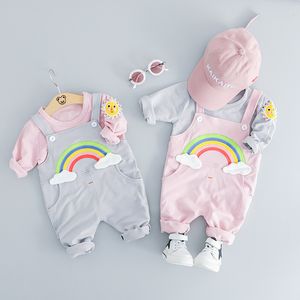 Spring Infant Boys Girls Clothing Set Kids Cartoon long sleeves T-shirt top+ Rainbow Suspender Pants 2pcs/set Children Outfits M439