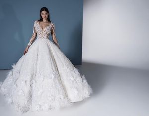 2020 Ball Gown Wedding Dresses Sequins Applique Rhinestone Feather Bride Gowns Floor Tarin Illusion Bodice Long Sleeve Vestidos De Novia