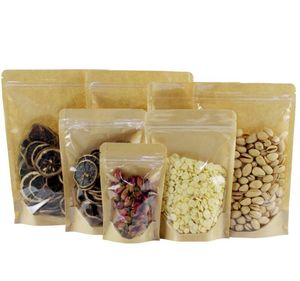 Крафт-бумажный пакет Влагозащитные пакеты для пищевых продуктов Ziplock Герметизирующий пакет Пакеты для упаковки пищевых продуктов Многоразовые пластиковые передние прозрачные стоячие сумки GGA2062