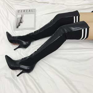 Venda quente-novo outono inverno vermelho preto sobre as botas do joelho fina de salto alto lã de malha coxa alta botas mulheres stiletto botas mujer