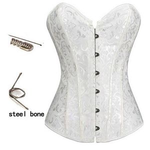 Kvinnor Vit Bridal Jacquard 12 Stålben Overbust Corset Underkläder Top Body Shaper Stark Lace Up Corselet Plus Storlek S-6XL Svart Beige Vit